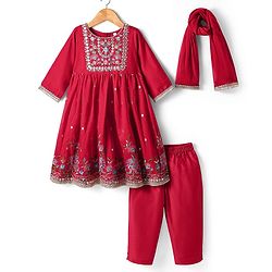 Babyhug Woven Three Fourth Sleeves Floral Embriodered Kurti Salwar & Dupatta Set - Red