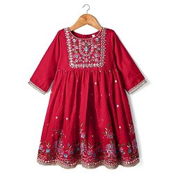 Babyhug Woven Three Fourth Sleeves Floral Embriodered Kurti Salwar & Dupatta Set - Red