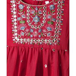 Babyhug Woven Three Fourth Sleeves Floral Embriodered Kurti Salwar & Dupatta Set - Red