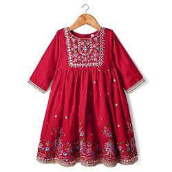 Babyhug Woven Three Fourth Sleeves Floral Embriodered Kurti Salwar & Dupatta Set - Red