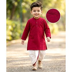 Babyhug Cotton Woven Full Sleeves Solid Colour Kurta Dhoti Set - Red