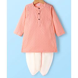 Babyhug Cotton Woven Full Sleeves Embroidered Kurta Dhoti Set - Peach & White