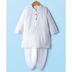 Babyhug Cotton Woven Full Sleeves Solid Colour Kurta Dhoti Set With Textured Design - White