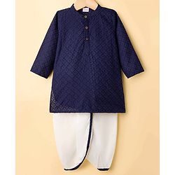 Babyhug Cotton Woven Full Sleeves Kurta Dhoti Set with Embroidery - Navy Blue
