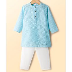 Babyhug Cotton Woven Full Sleeves Kurta Pajama Set with Embroidery - Aqua Blue
