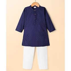 Babyhug Cotton Woven Full Sleeves Kurta Pajama Set with Embroidery - Navy Blue