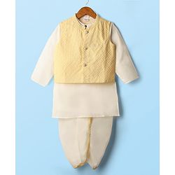 Babyhug Cambric Full Sleeves Solid Kurta Dhoti Set with Embroidered Jacket - Offwhite