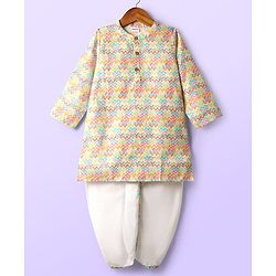Babyhug Cotton Woven Full Sleeves Kurta Dhoti Set With Cambric Print - Multicolour