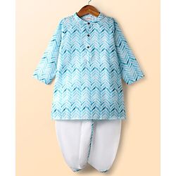 Babyhug Cotton Woven Full Sleeves Kurta Dhoti Set With Cambric Print - Light Blue