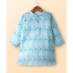 Babyhug Cotton Woven Full Sleeves Kurta Dhoti Set With Cambric Print - Light Blue