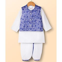 Babyhug Cambric Woven Full Sleeves Kurta Dhoti Set with Jacket & Floral Print - White