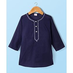 Babyhug Cambric Full Sleeves Solid Color Kurta Dhoti Set - Navy Blue
