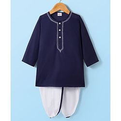 Babyhug Cambric Full Sleeves Solid Color Kurta Dhoti Set - Navy Blue
