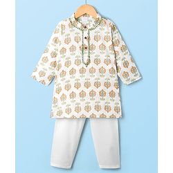 Babyhug Cotton Cambric Woven Full Sleeves Kurta Pyjama Set with Floral Print - White