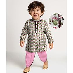 Babyhug Cotton Woven Full Sleeves Kurta Dhoti Set With Floral Print - White