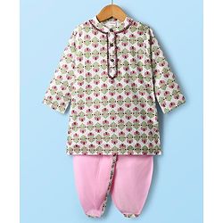 Babyhug Cotton Woven Full Sleeves Kurta Dhoti Set With Floral Print - White