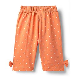 Babyhug Cotton Knit Half Sleeves Capri Night Suit With Polka Dot Print & Bow Applique - Orange