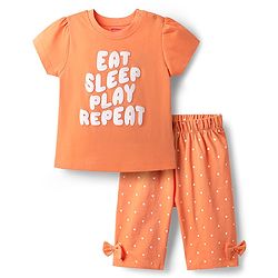 Babyhug Cotton Knit Half Sleeves Capri Night Suit With Polka Dot Print & Bow Applique - Orange