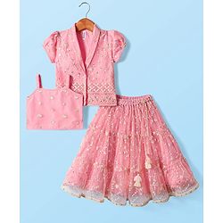 Babyhug Woven Half Sleeves Lehenga Choli & Jacket Set With Floral Embriodery - Pink