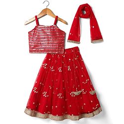Babyhug Net Woven Sleeveless Lehenga Choli Set With Sequin Detailing & Dupatta - Red