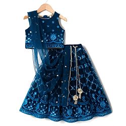 Babyhug Net Woven Sleeveless Lehenga Choli Set With Sequin Detailing & Dupatta - Teal Blue