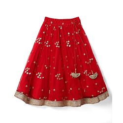 Babyhug Net Woven Sleeveless Lehenga Choli Set With Sequin Detailing & Dupatta - Red
