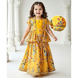 Babyhug Woven Embroidered Blouse with Lehenga and Half Sleeves Jacket Set with Floral Print - Yellow
