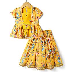 Babyhug Woven Embroidered Blouse with Lehenga and Half Sleeves Jacket Set with Floral Print - Yellow