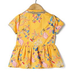 Babyhug Woven Embroidered Blouse with Lehenga and Half Sleeves Jacket Set with Floral Print - Yellow