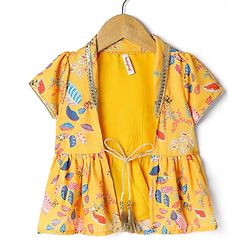 Babyhug Woven Embroidered Blouse with Lehenga and Half Sleeves Jacket Set with Floral Print - Yellow