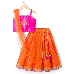 Babyhug Woven Half Sleeves Choli Lehenga Set with Dupatta With Sequin Floral Design & Lace Detailing - Dark Pink