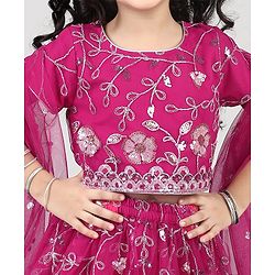 Babyhug Woven Half Sleeves Choli Lehenga Set with Dupatta With Sequin Floral Design & Lace Detailing - Dark Pink