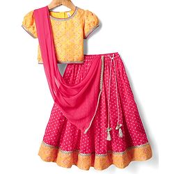 Babyhug Woven Half Sleeves Bandhani Printed Lehenga Choli Set With Embroidery Detailing & Dupatta - Fuchsia
