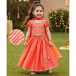 Babyhug Woven Half Sleeves Bandhani Printed Lehenga Choli Set With Embroidery Detailing & Dupatta - Orange