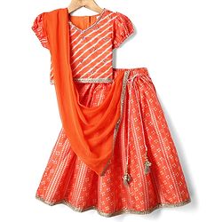 Babyhug Woven Half Sleeves Bandhani Printed Lehenga Choli Set With Embroidery Detailing & Dupatta - Orange