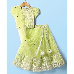 Babyhug Woven Half Sleeve Choli Lehenga And Dupatta Set with Net Sequenced & Floral Embroidery - Light Green
