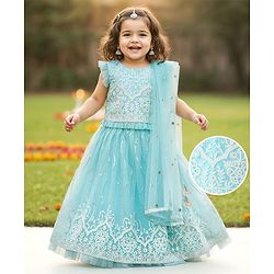 Babyhug Woven Sleeveless Choli Lehenga & Dupatta Set With Floral Embriodery - Light Blue