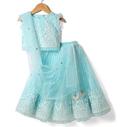 Babyhug Woven Sleeveless Choli Lehenga & Dupatta Set With Floral Embriodery - Light Blue