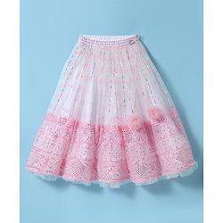 Babyhug Woven Sleeveless Lehenga Choli & Dupatta Set With Floral Embroidery & Sequin Detailing - White & Pink