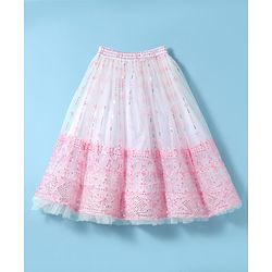 Babyhug Woven Sleeveless Lehenga Choli & Dupatta Set With Floral Embroidery & Sequin Detailing - White & Pink