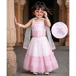 Babyhug Woven Sleeveless Lehenga Choli & Dupatta Set With Floral Embroidery & Sequin Detailing - White & Pink