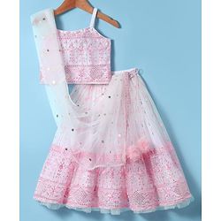 Babyhug Woven Sleeveless Lehenga Choli & Dupatta Set With Floral Embroidery & Sequin Detailing - White & Pink