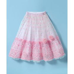 Babyhug Woven Sleeveless Lehenga Choli & Dupatta Set With Floral Embroidery & Sequin Detailing - White & Pink