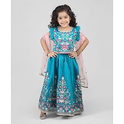Babyhug Woven Frill Sleeves Kalli Style Embriodered Lehenga Choli & Dupatta Set - Teal Blue