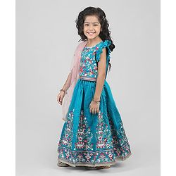 Babyhug Woven Frill Sleeves Kalli Style Embriodered Lehenga Choli & Dupatta Set - Teal Blue