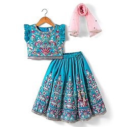 Babyhug Woven Frill Sleeves Kalli Style Embriodered Lehenga Choli & Dupatta Set - Teal Blue