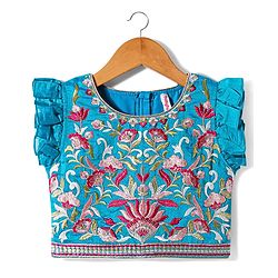 Babyhug Woven Frill Sleeves Kalli Style Embriodered Lehenga Choli & Dupatta Set - Teal Blue
