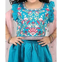 Babyhug Woven Frill Sleeves Kalli Style Embriodered Lehenga Choli & Dupatta Set - Teal Blue