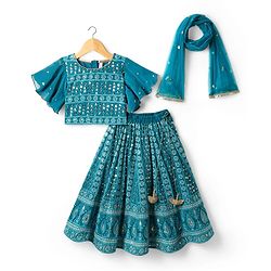 Babyhug Woven Half Sleeves Floral Embroidered Choli Lehenga & Dupatta Set - Teal Blue
