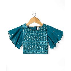 Babyhug Woven Half Sleeves Floral Embroidered Choli Lehenga & Dupatta Set - Teal Blue